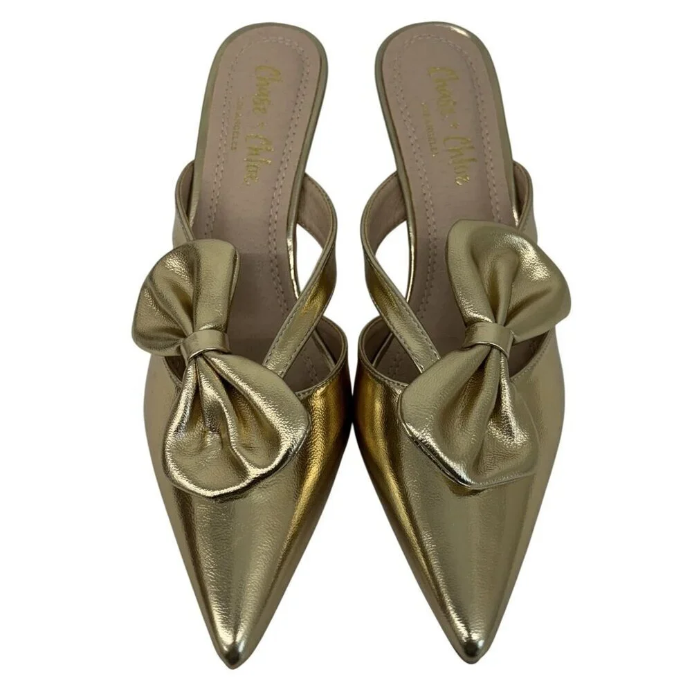 CHASE + CHLOE / Idra-3 / Gold / Pointed-Toe / Kitten Heel / Mules With Bow Accen